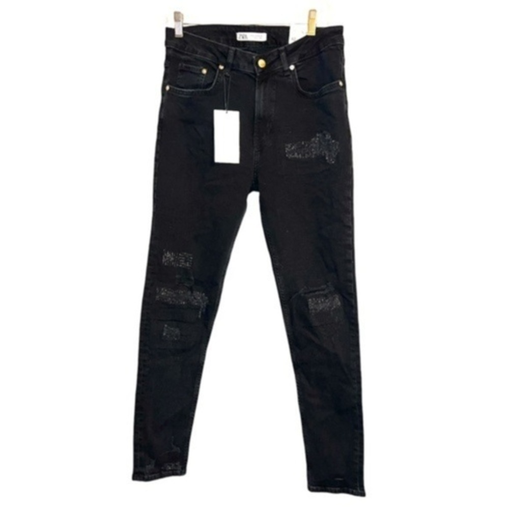Zara distressed it high waisted black jeans with silver grey stitch deta…